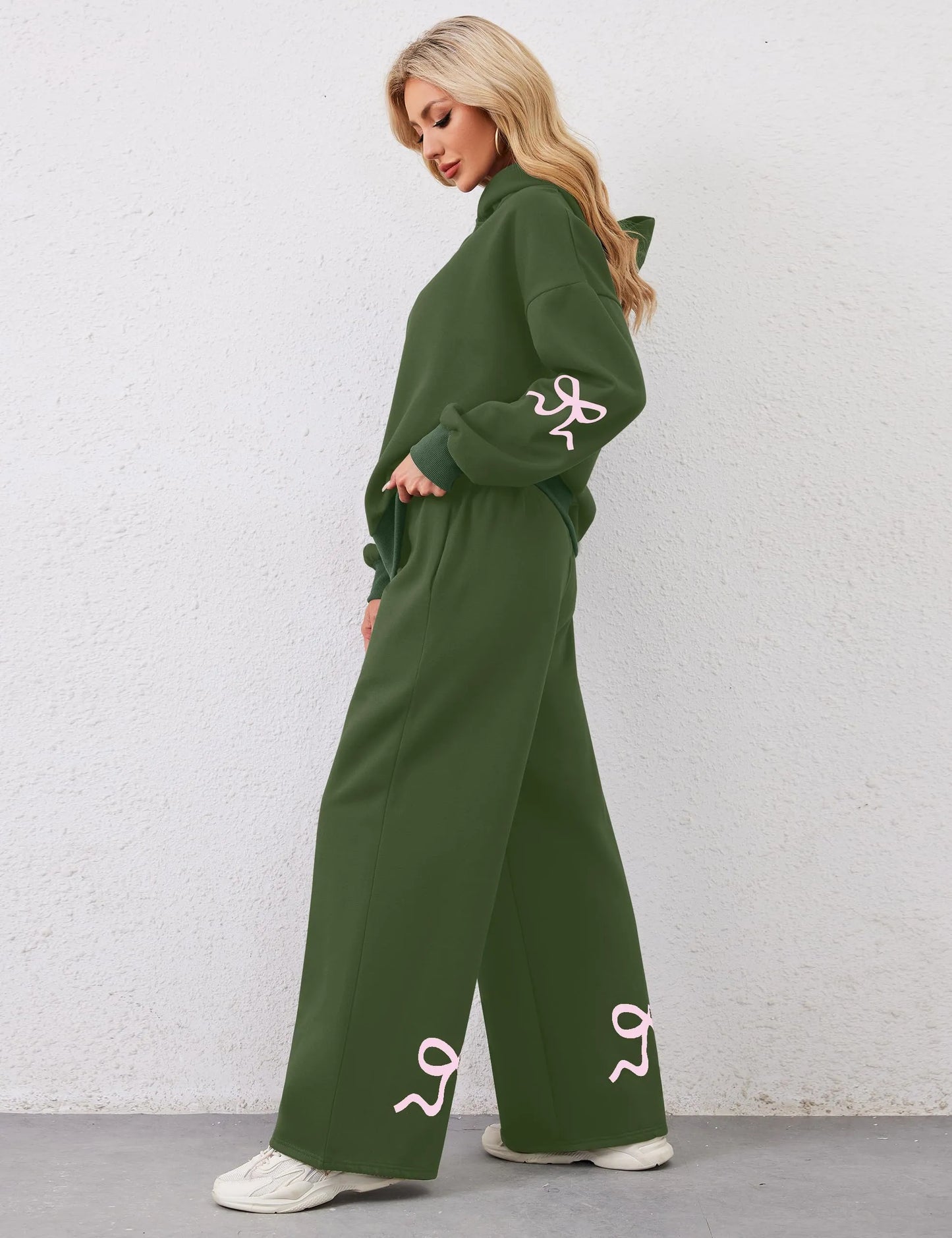 Women's 2 Piece Outfits Bow Trim Print Hoodie Sweatsuit Sets