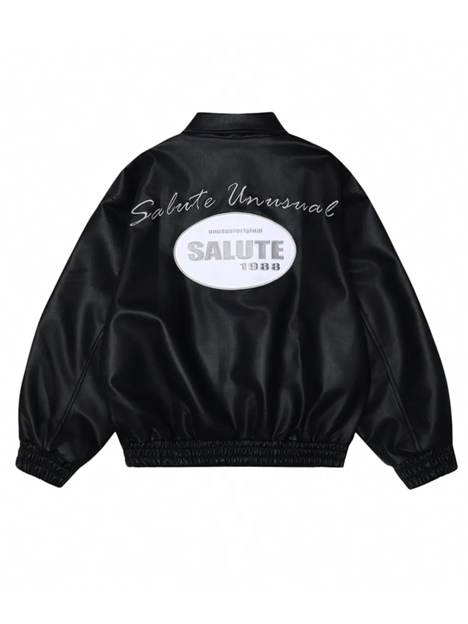 Men's Letter Embroidery Polo PU Leather Jacket