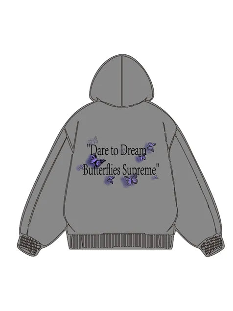 360g Butterflies Back Letter Printed Wash Old Cotton Hoodie