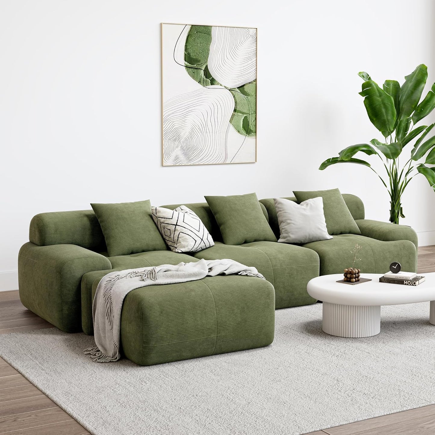 118 Inch L Shaped Modular Sofa with Ottoman Corduroy Beige