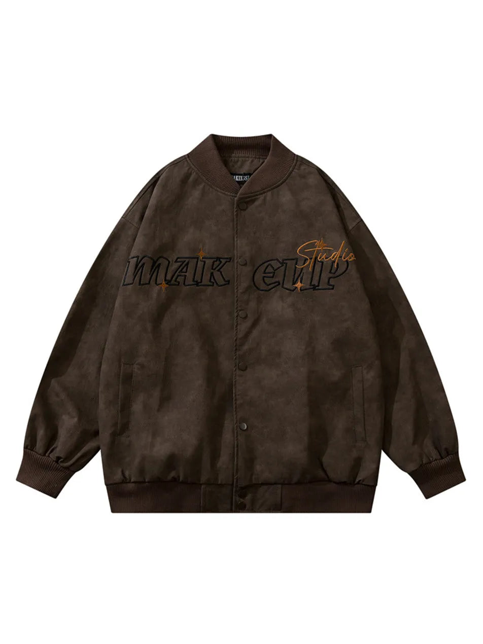 Embroidered Retro Distressed PU Bomber Jacket for Men