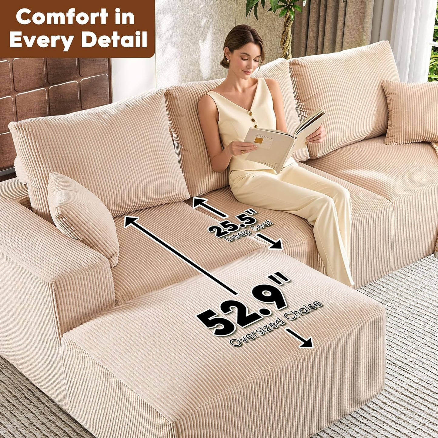 108 Inch Corduroy Cloud Sectional Sofa with Chaise Green