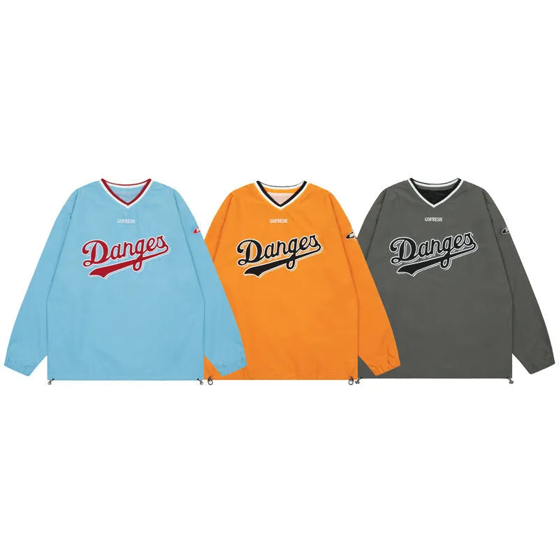 Letter Embroidered V-neck Baseball Sweatshirt for Women