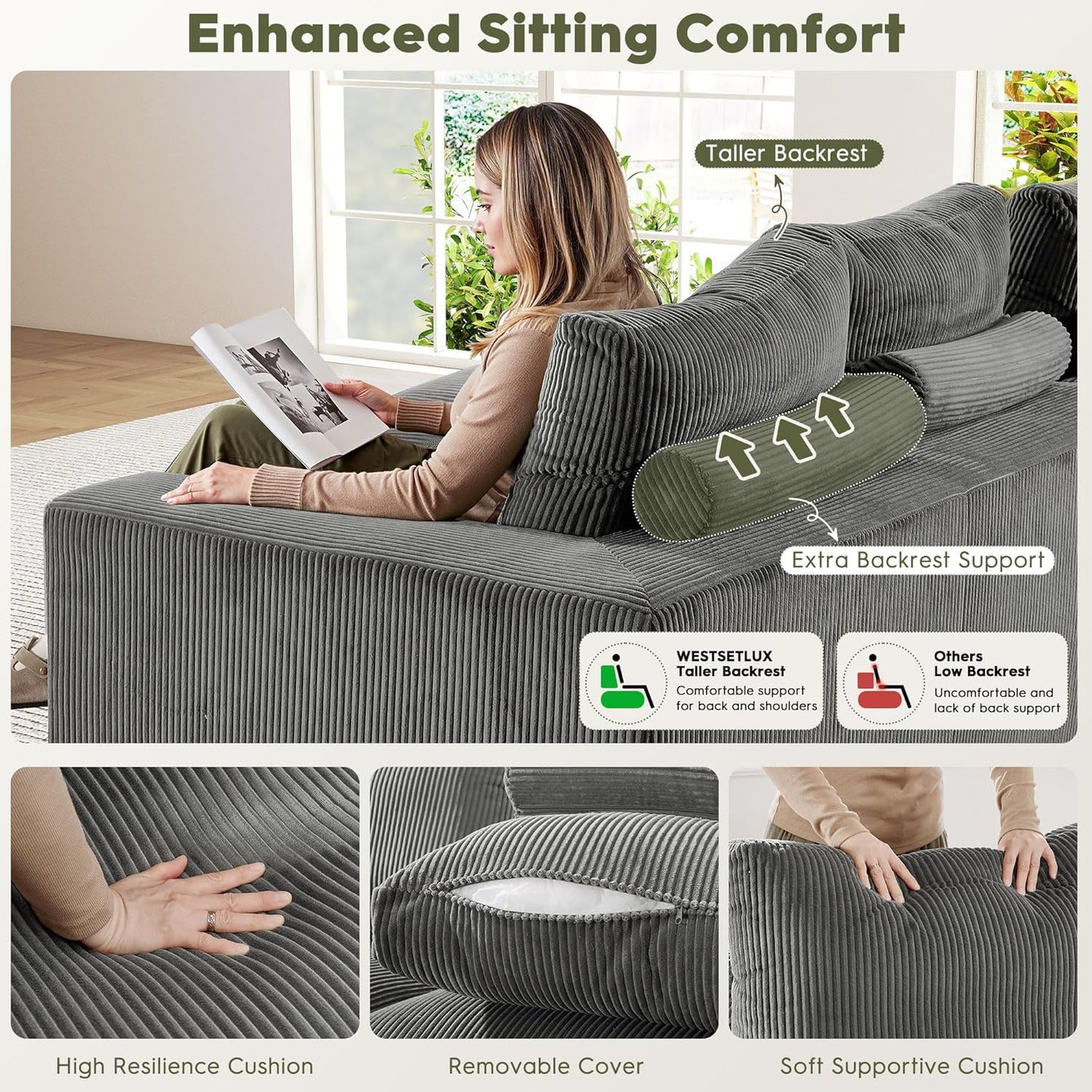 108 Inch Corduroy Cloud Sectional Sofa with Chaise Green