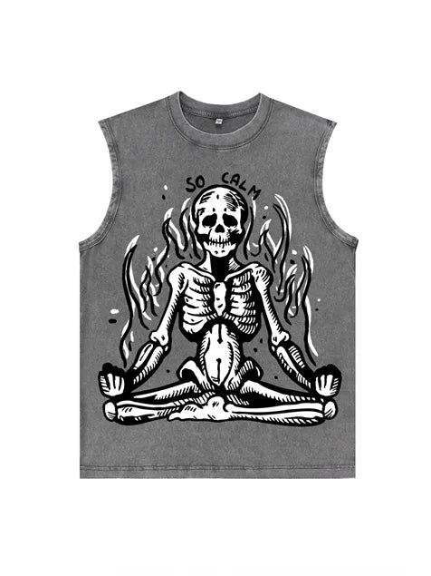230g Skull Meditation Calm Down Printed Wash Old Sleeveless T-shirt
