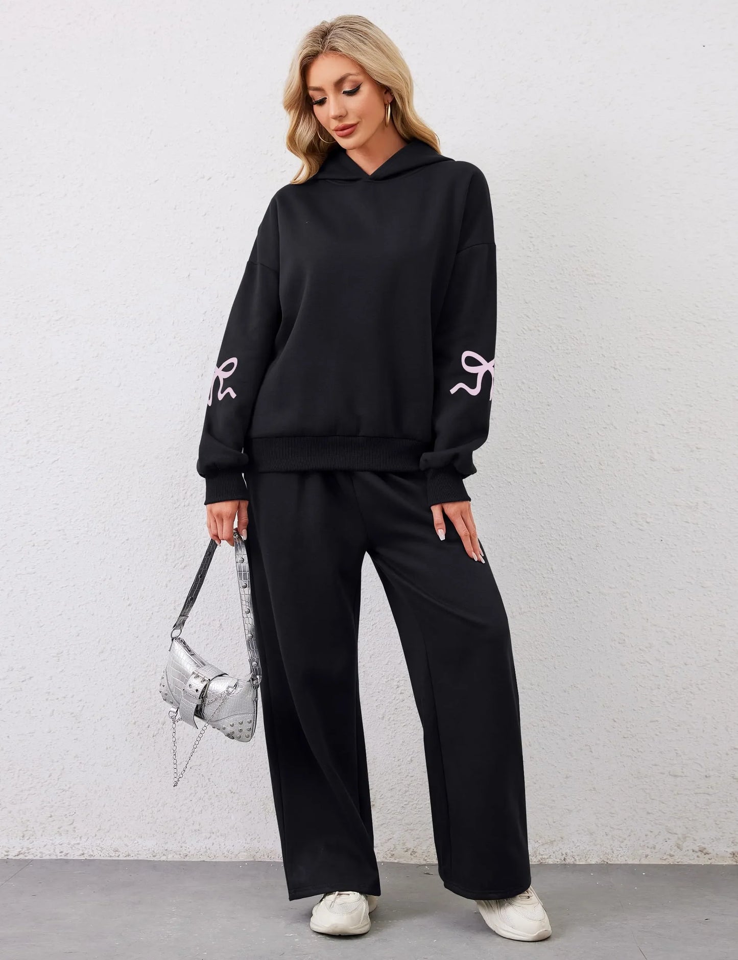 Women's 2 Piece Outfits Bow Trim Print Hoodie Sweatsuit Sets