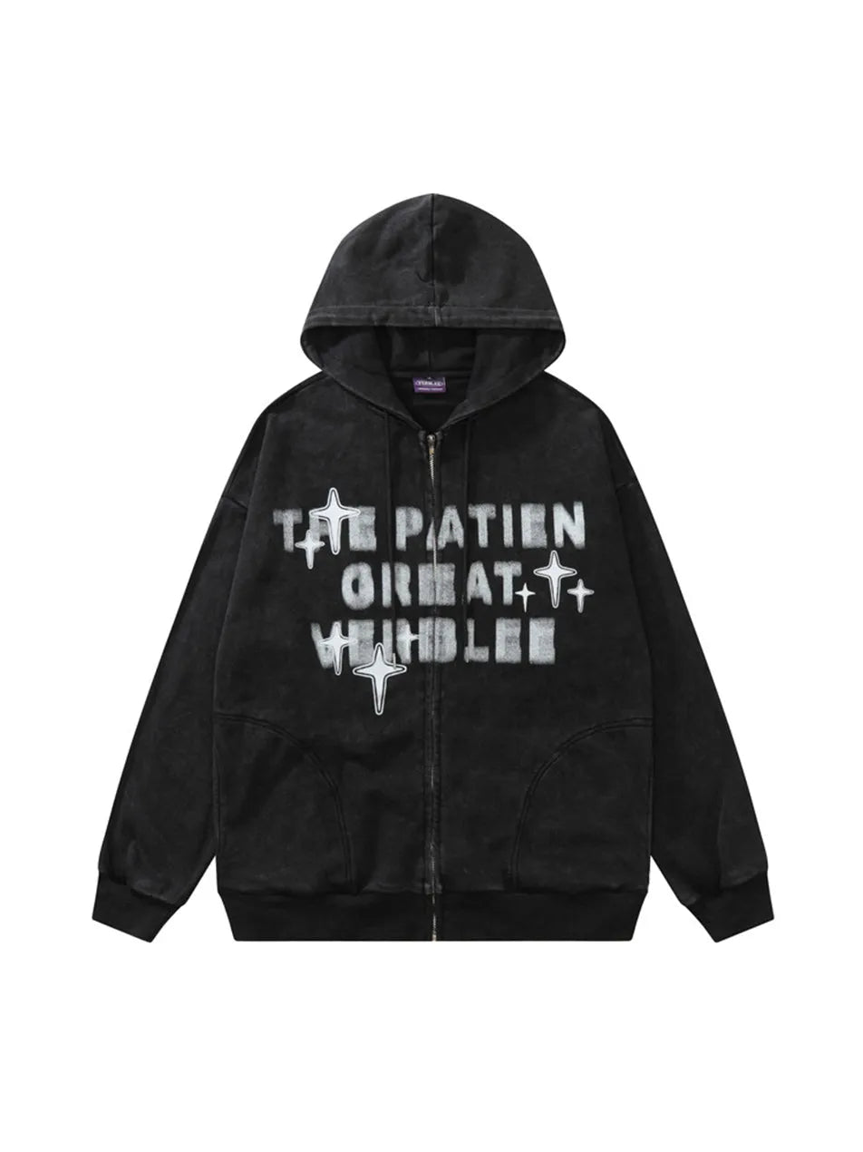 Vintage Star Print Front Zipper Hooded Sweatshirt Sports Men Casual Streetwear