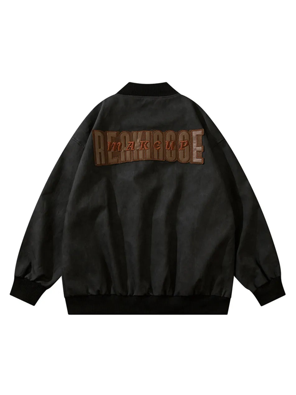 Embroidered Retro Distressed PU Bomber Jacket for Men