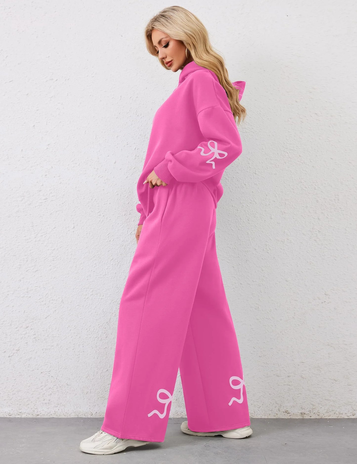 Women's 2 Piece Outfits Bow Trim Print Hoodie Sweatsuit Sets