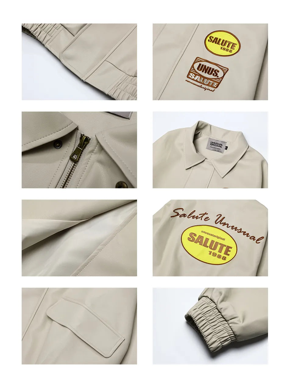 Men's Letter Embroidery Polo PU Leather Jacket