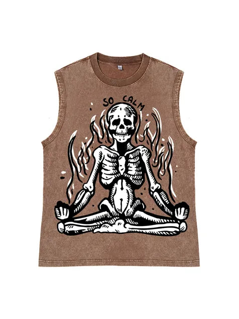 230g Skull Meditation Calm Down Printed Wash Old Sleeveless T-shirt