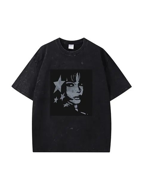 270g Cotton Animation Girl Stars Wash Old T-shirt