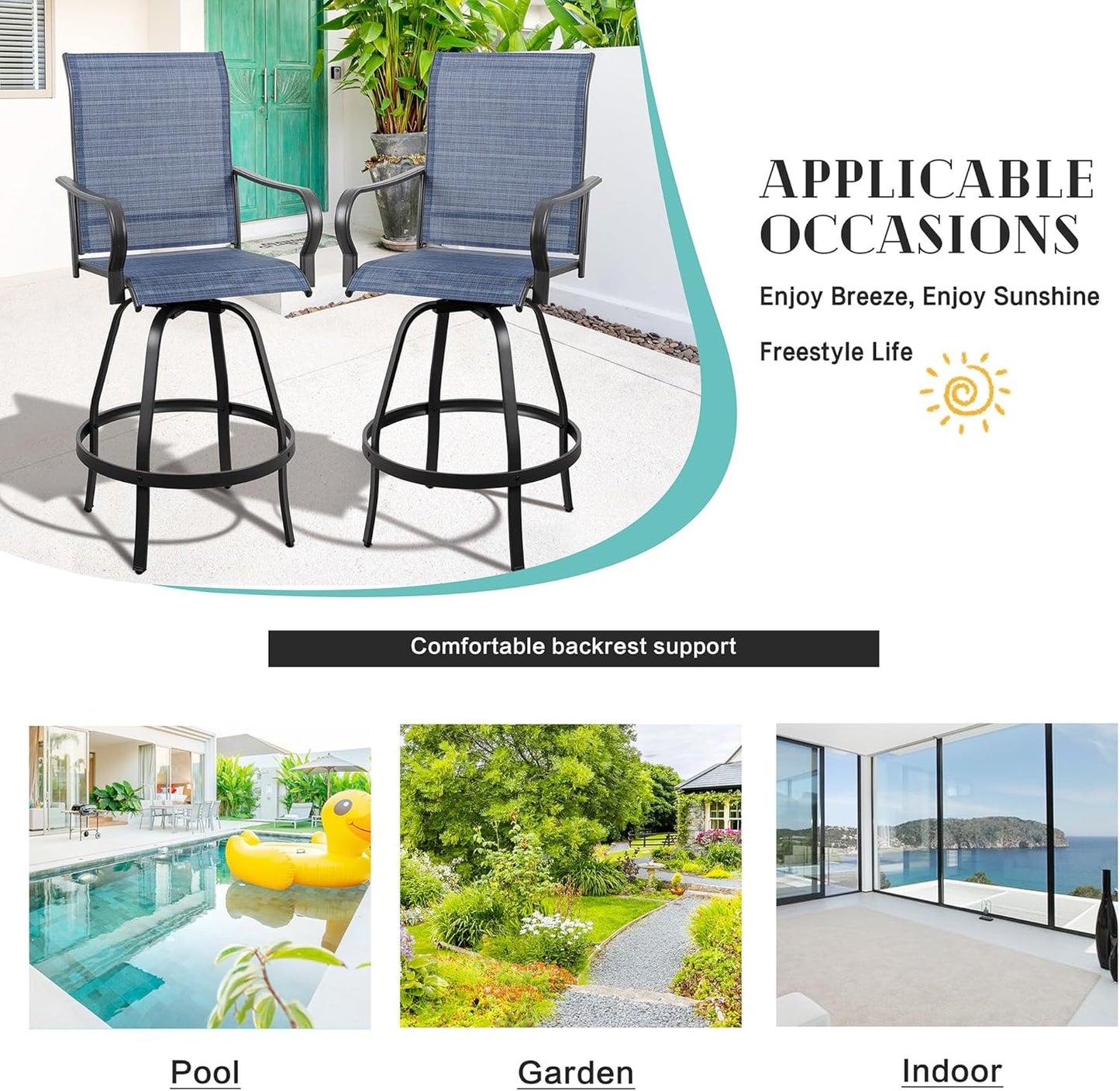 2 Piece Outdoor Patio Swivel Bar Chairs