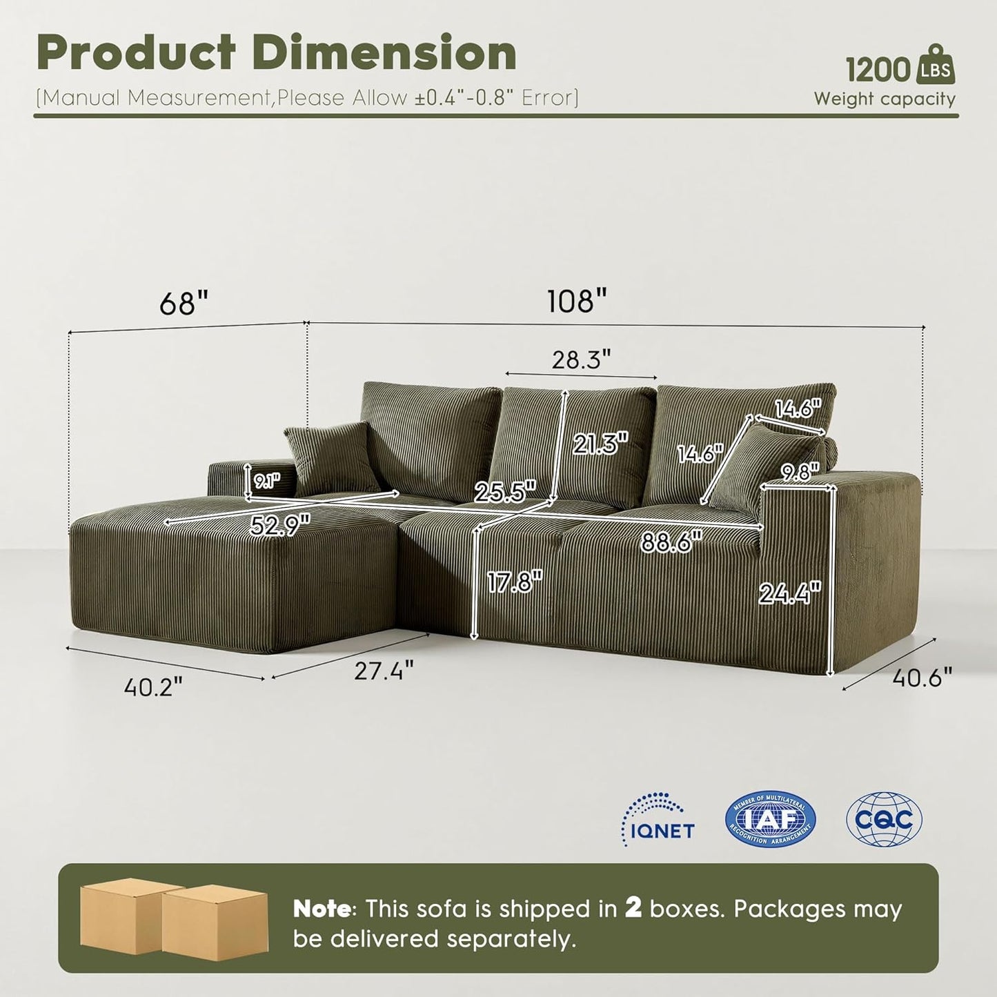 108 Inch Corduroy Cloud Sectional Sofa with Chaise Green