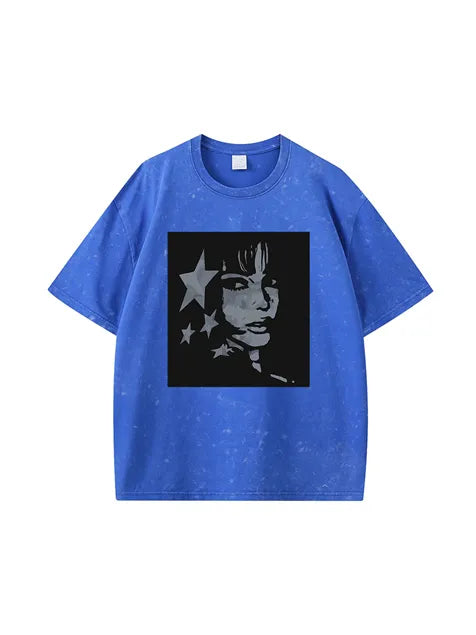 270g Cotton Animation Girl Stars Wash Old T-shirt
