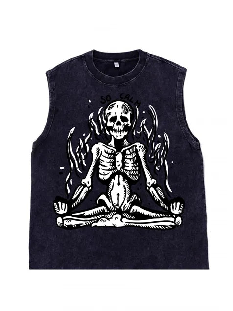 230g Skull Meditation Calm Down Printed Wash Old Sleeveless T-shirt