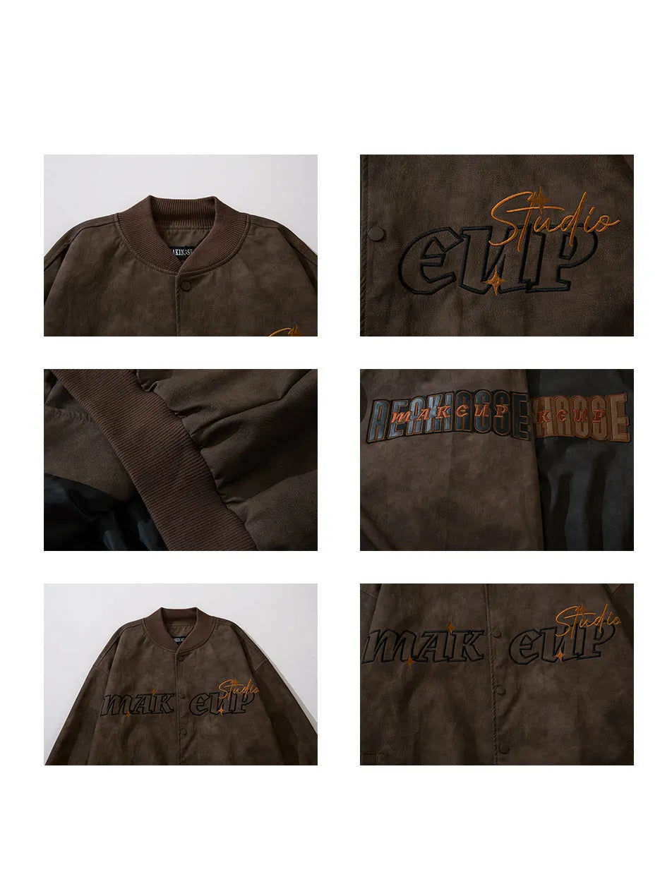 Embroidered Retro Distressed PU Bomber Jacket for Men