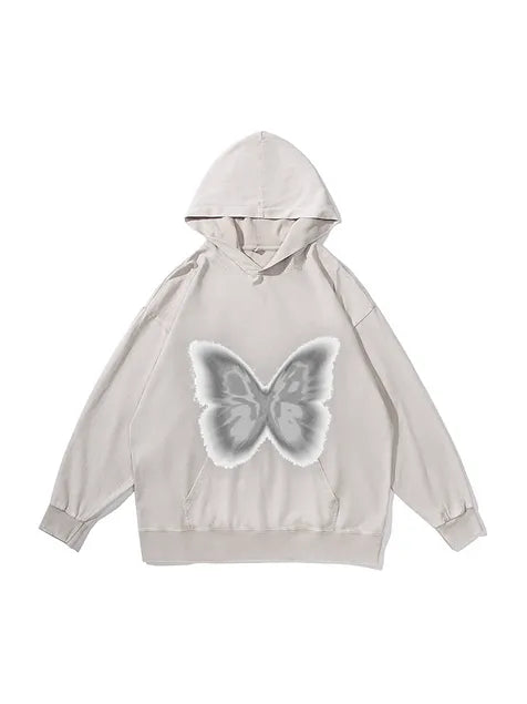 360g Silver Future Butterflies Printed Wash Old Cotton Hoodie