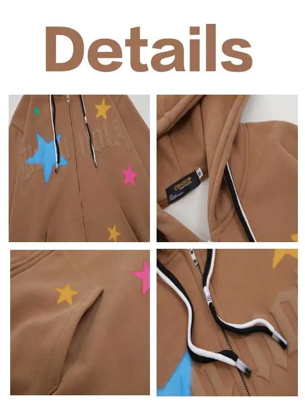 Colorful Star Drawstring Zip-up Hoodie