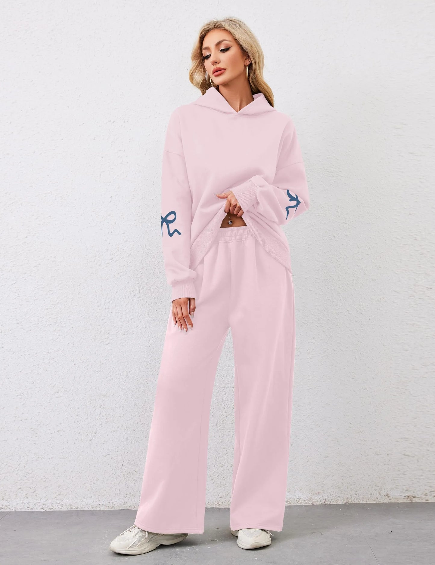 Women's 2 Piece Outfits Bow Trim Print Hoodie Sweatsuit Sets
