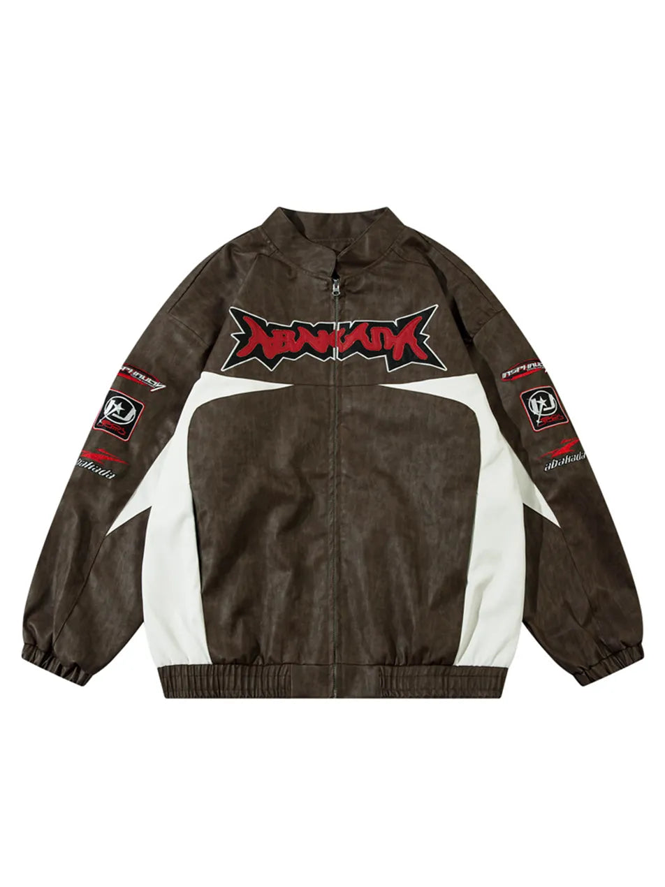 Letter & Racing Car Printed Faux Leather Jacket for Men