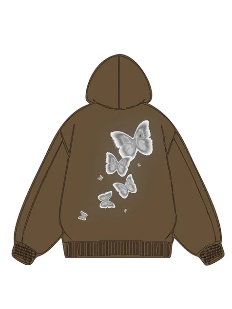 360g Silver Future Butterflies Printed Wash Old Cotton Hoodie