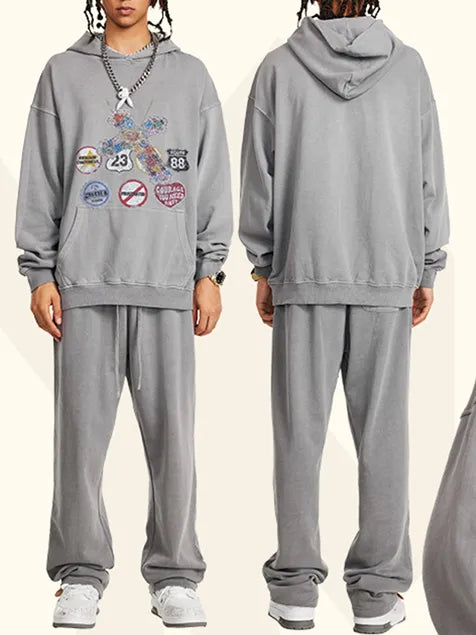 380g Badge Printed Wash Old Cotton Hoodie