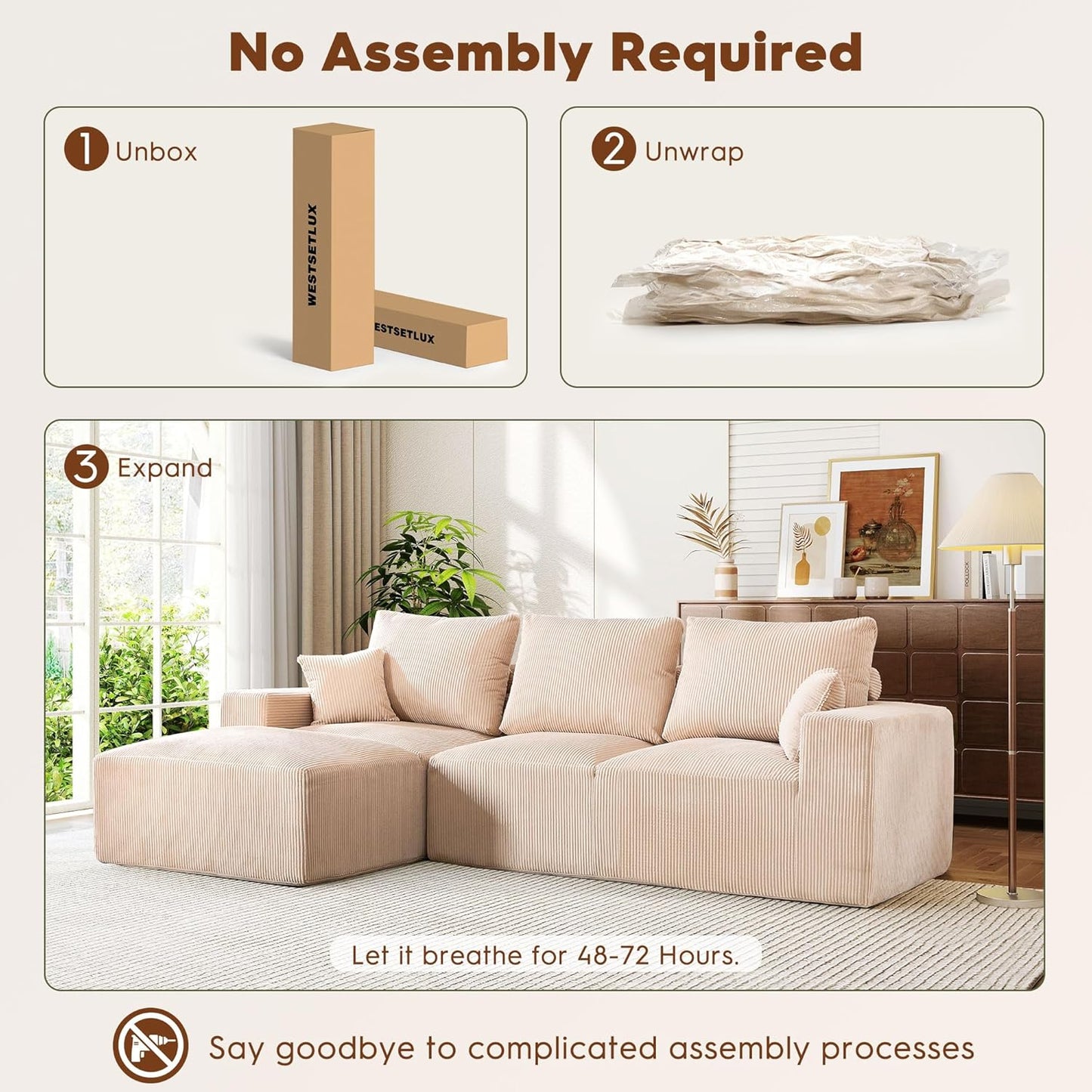 108 Inch Corduroy Cloud Sectional Sofa with Chaise Green