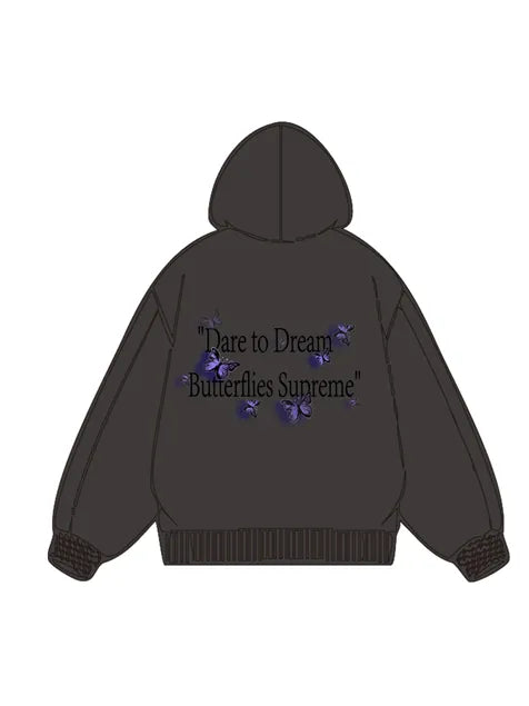 360g Butterflies Back Letter Printed Wash Old Cotton Hoodie