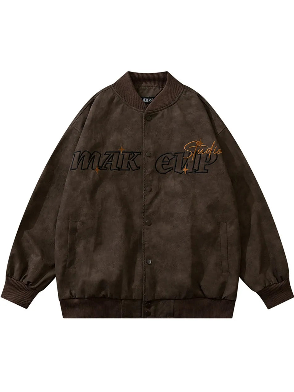 Embroidered Retro Distressed PU Bomber Jacket for Men