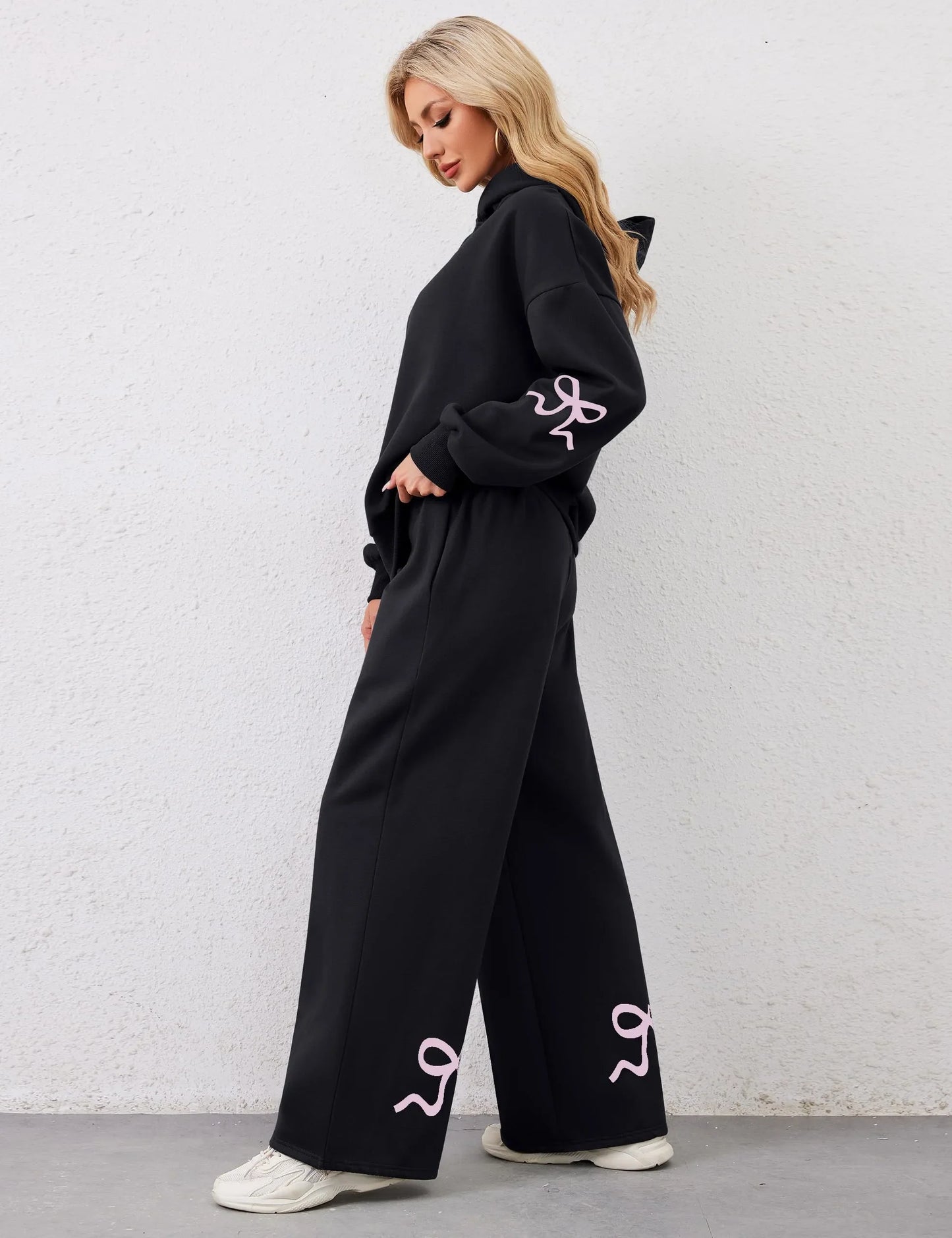 Women's 2 Piece Outfits Bow Trim Print Hoodie Sweatsuit Sets