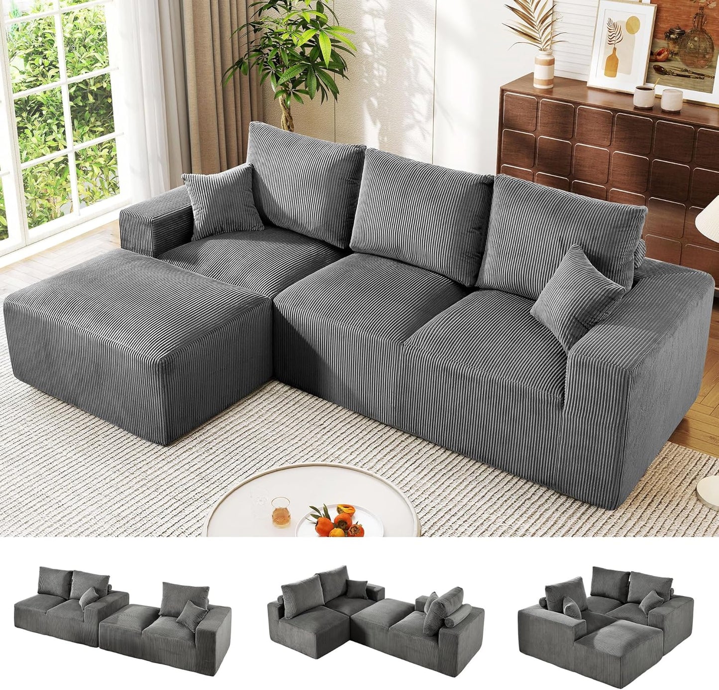 108" Green Corduroy Cloud Sectional Sofa with Chaise