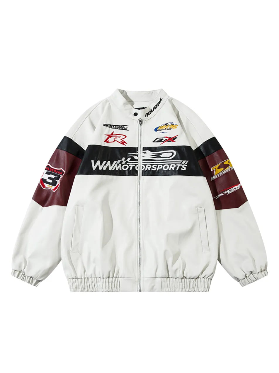 Patchwork Letter Embroidery PU Leather Jacket for Women