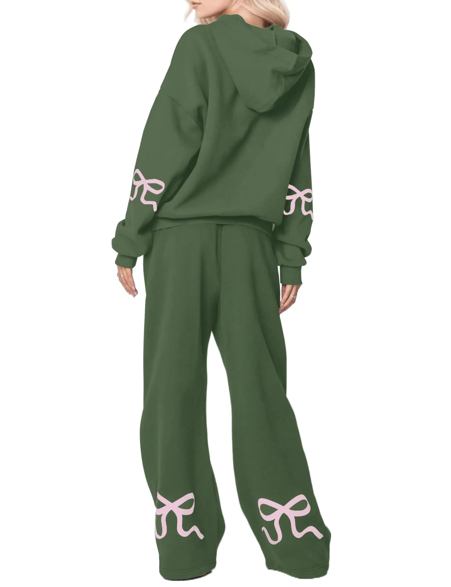 Women's 2 Piece Outfits Bow Trim Print Hoodie Sweatsuit Sets
