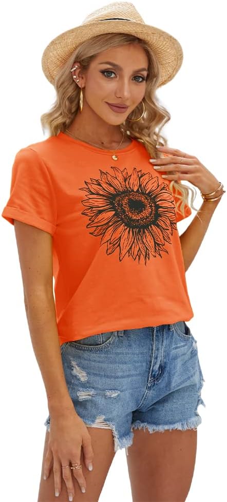 Women's T Shirts Short Sleeve Tees Sunflower Graphic Loose Summer Tops