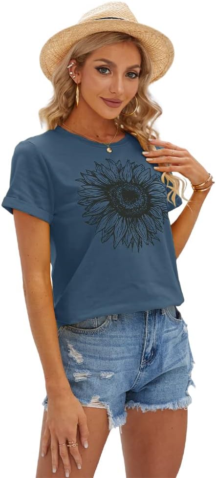 Women's T Shirts Short Sleeve Tees Sunflower Graphic Loose Summer Tops