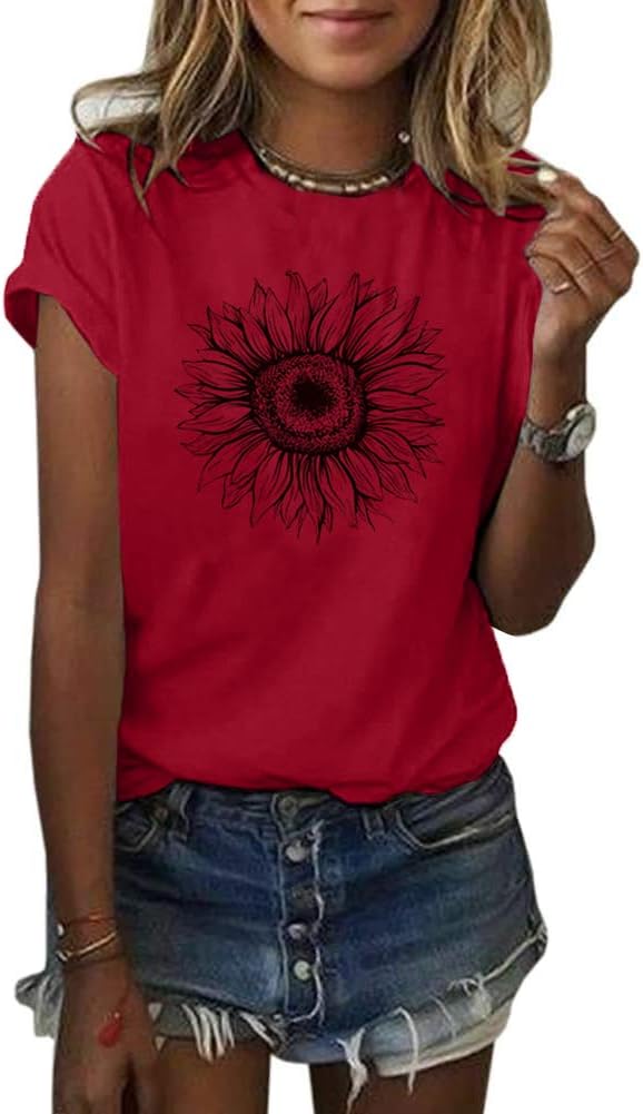 Women's T Shirts Short Sleeve Tees Sunflower Graphic Loose Summer Tops