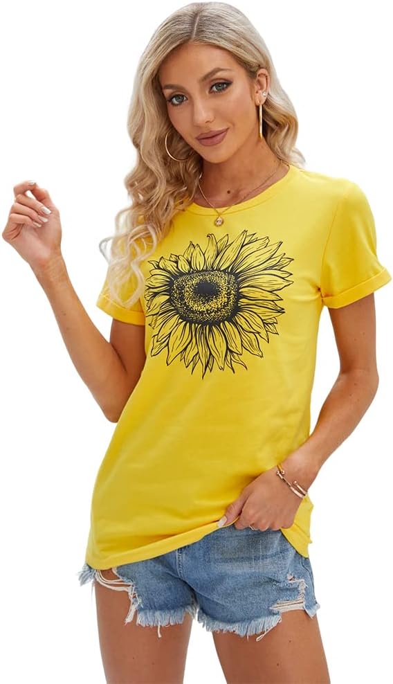 Women's T Shirts Short Sleeve Tees Sunflower Graphic Loose Summer Tops