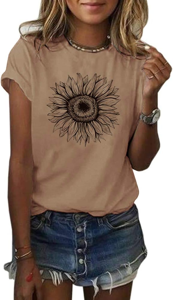Women's T Shirts Short Sleeve Tees Sunflower Graphic Loose Summer Tops
