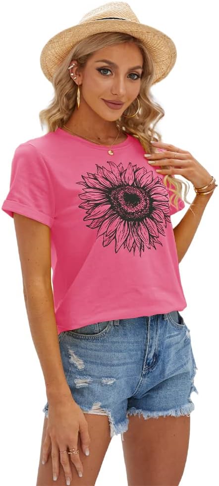 Women's T Shirts Short Sleeve Tees Sunflower Graphic Loose Summer Tops