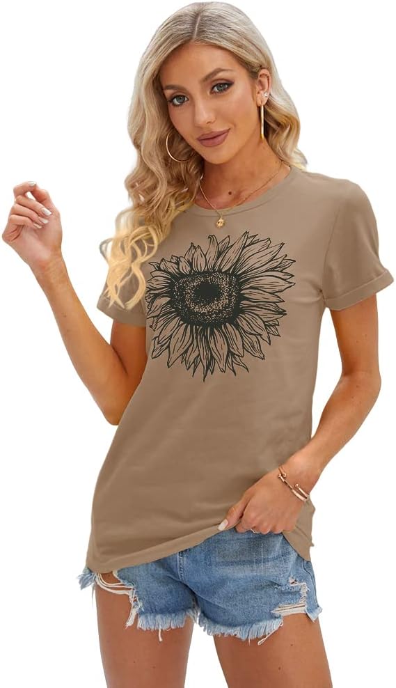 Women's T Shirts Short Sleeve Tees Sunflower Graphic Loose Summer Tops