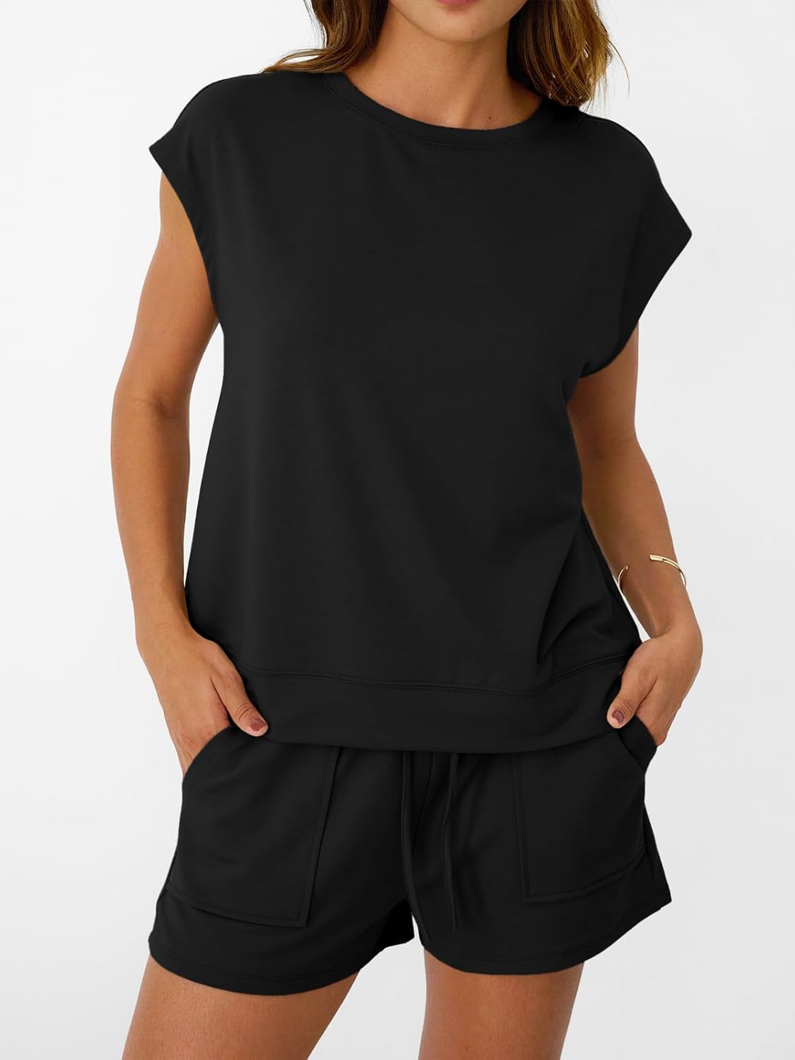 Womens Crew Neck Two Piece short Sets Cap Sleeve Drawstring Sweatsuit with Pocket