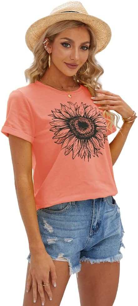 Women's T Shirts Short Sleeve Tees Sunflower Graphic Loose Summer Tops
