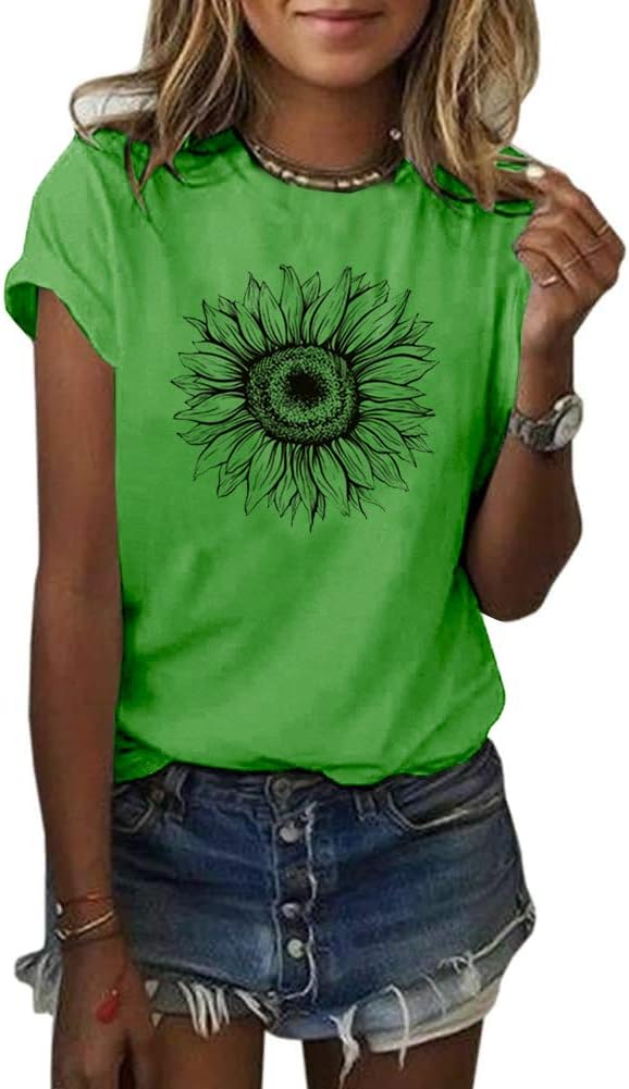 Women's T Shirts Short Sleeve Tees Sunflower Graphic Loose Summer Tops