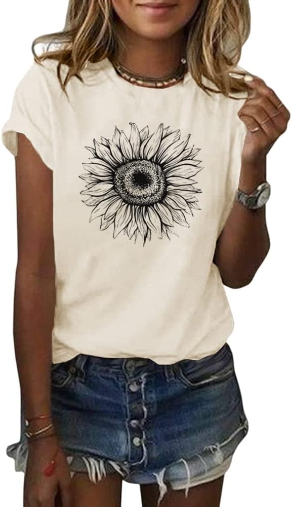 Women's T Shirts Short Sleeve Tees Sunflower Graphic Loose Summer Tops