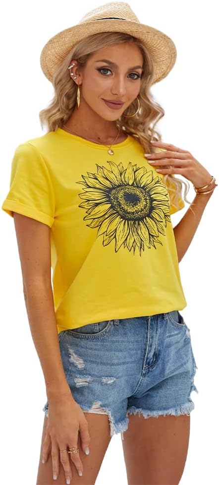Women's T Shirts Short Sleeve Tees Sunflower Graphic Loose Summer Tops
