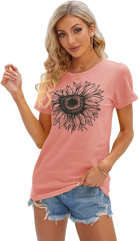 Women's T Shirts Short Sleeve Tees Sunflower Graphic Loose Summer Tops