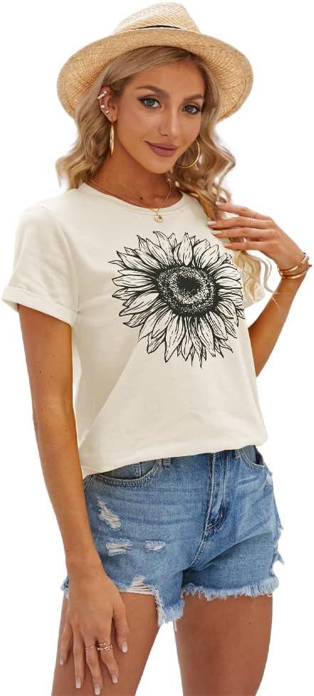 Women's T Shirts Short Sleeve Tees Sunflower Graphic Loose Summer Tops