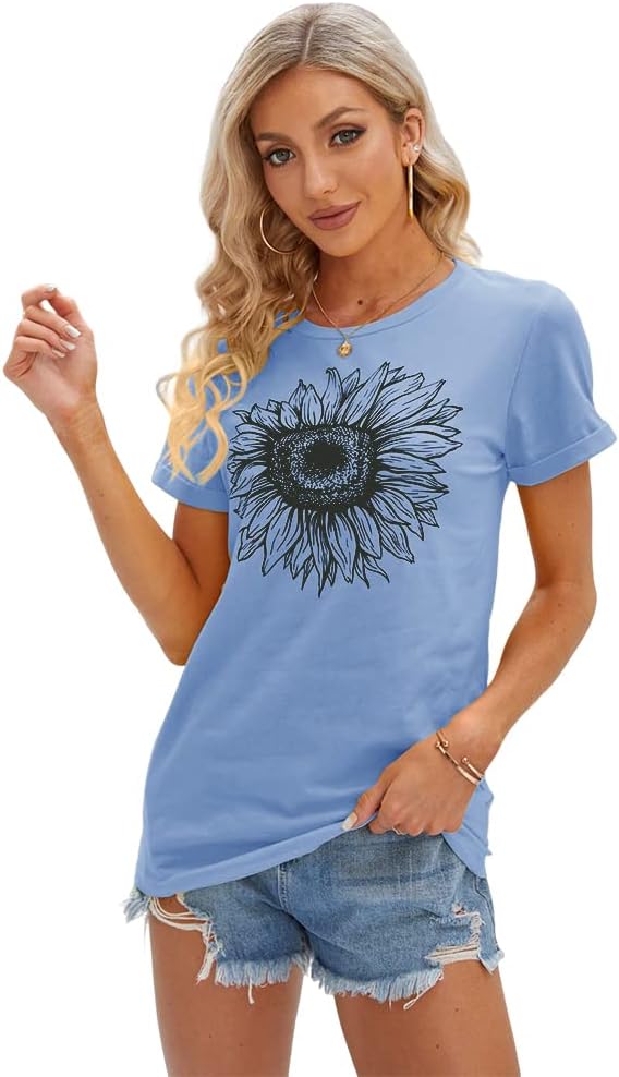 Women's T Shirts Short Sleeve Tees Sunflower Graphic Loose Summer Tops