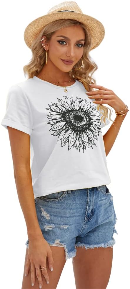 Women's T Shirts Short Sleeve Tees Sunflower Graphic Loose Summer Tops